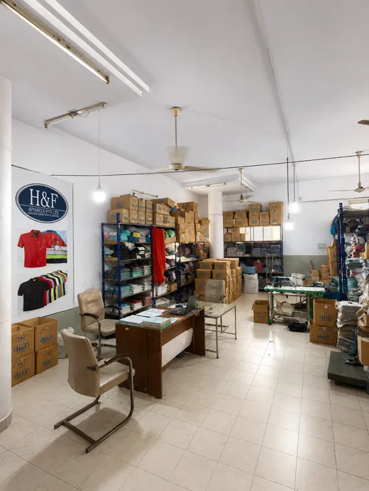 Raw material store: Fabric and materials held ready for production.