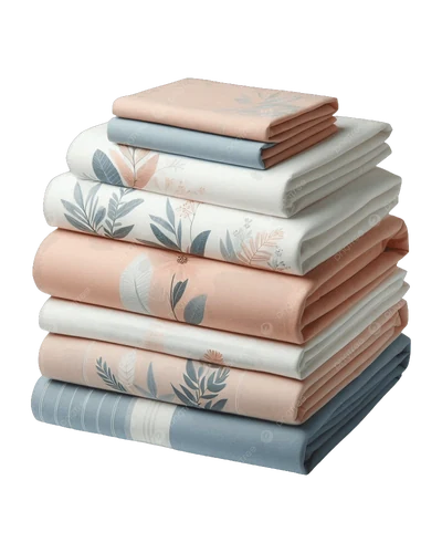 Folded Bed Sheet Stack, Peach & Blue, front view
