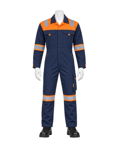 Reflective Yoke Coverall, Navy & Orange, front view