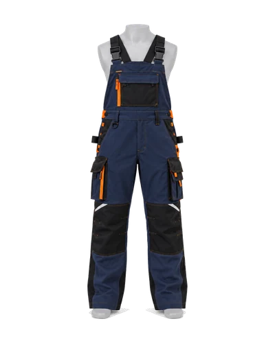 Stretch Cargo Bib & Brace, Navy & Orange, front view
